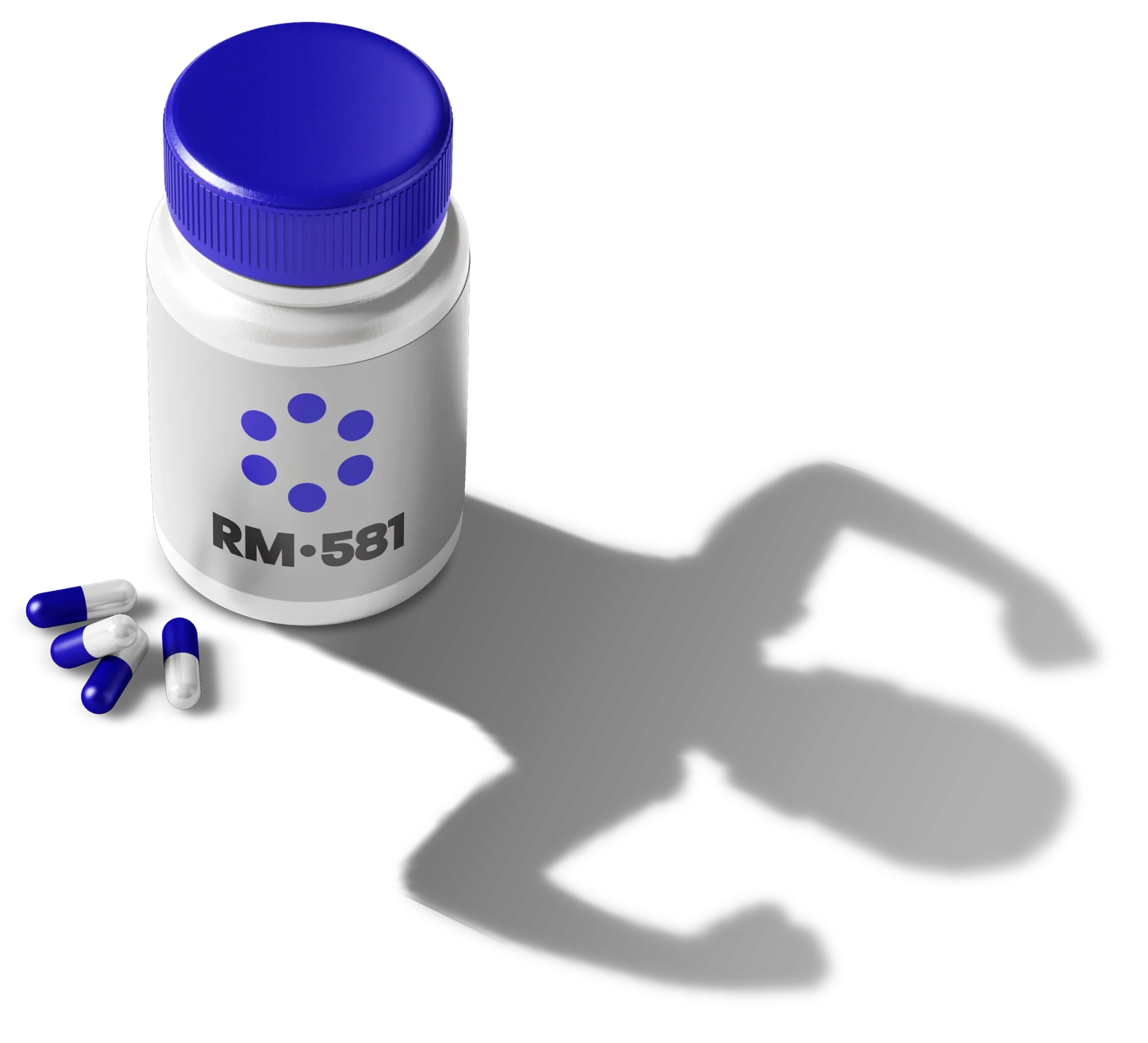 Flacon et capsules aux couleurs de Neolys Pharma portant la mention RM-581, dont l'ombre dessine un bras musclé