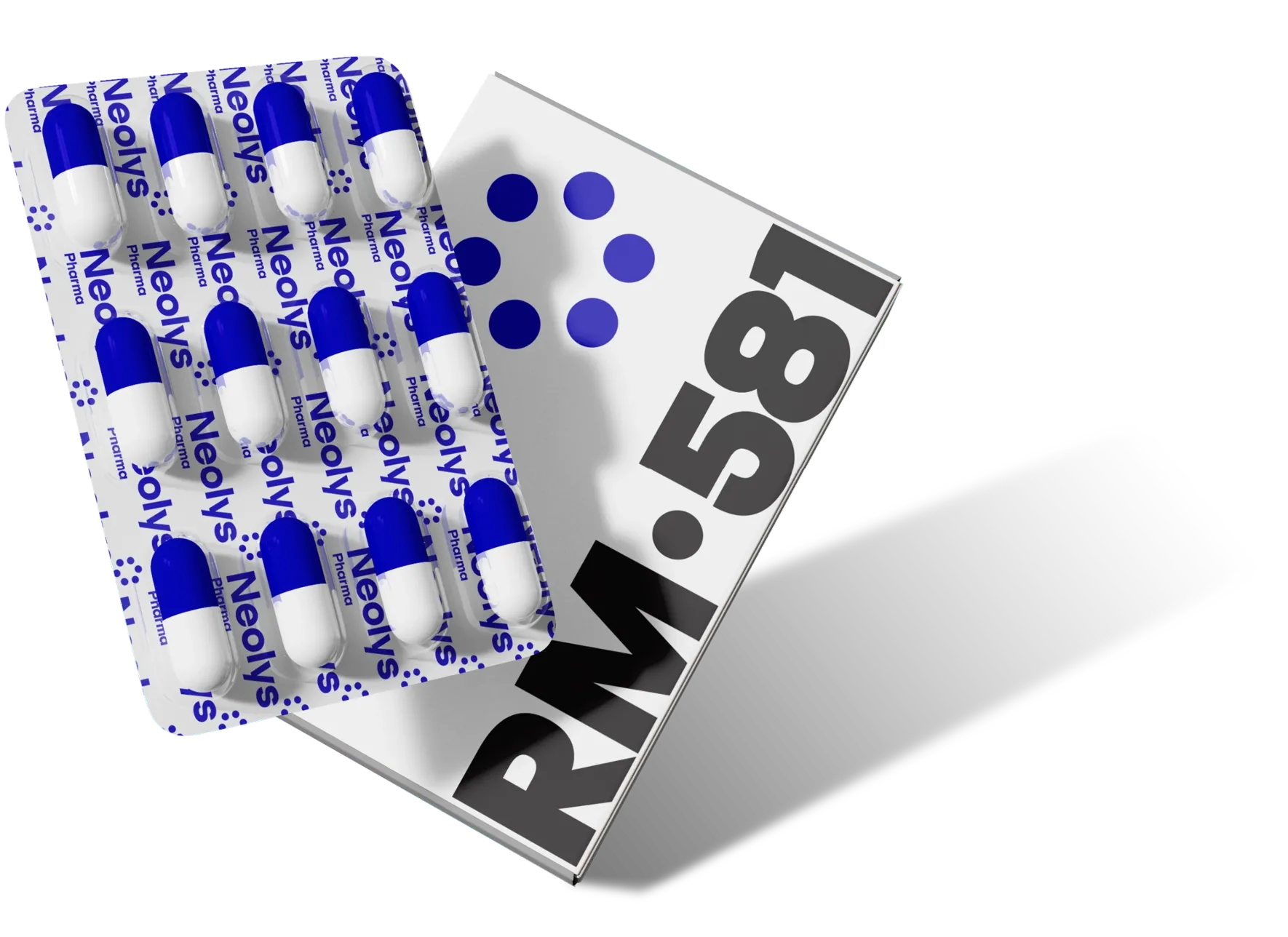 Plaquette de capsules Neolys Pharma posée sur une boîte portant la mention RM-581